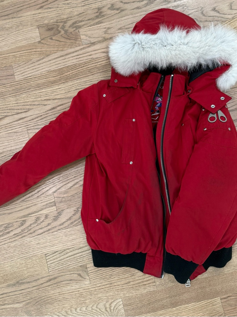 Moose Knuckles Youth Red Puffer Jacket with Fur Hood (Fits women’s too)